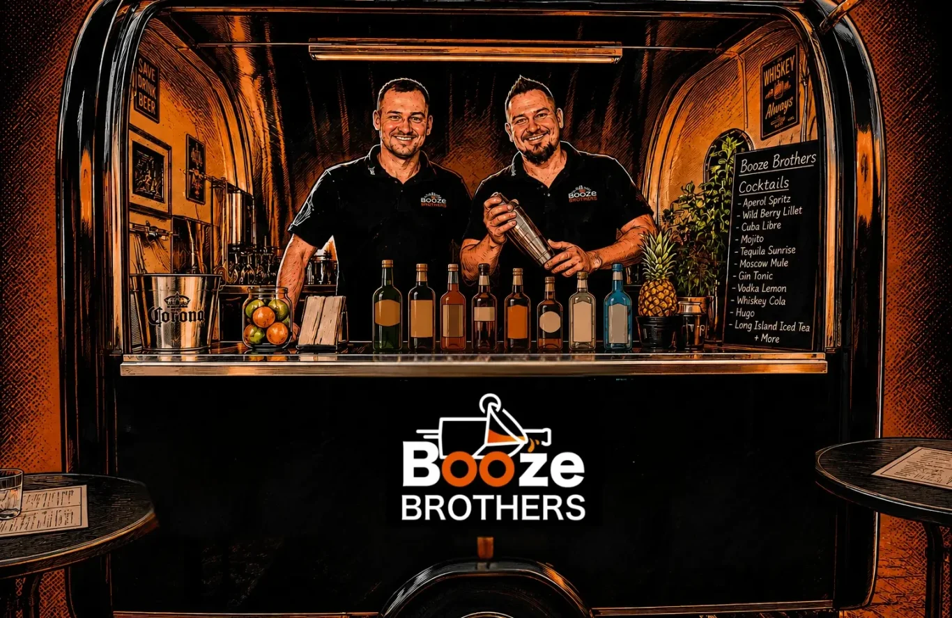Ein echter Hingucker der Cocktailanhänger Ein Bild im Comic-Style des mobilen Cocktailanhängers und den beiden Booze Brothers Daniel und Jan Schatzmann
